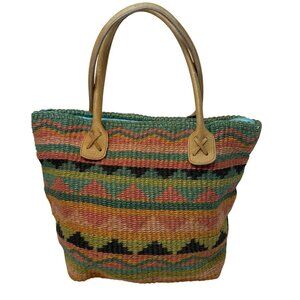 Vtg 1992 Cappelli Straworld Woven Stripe Tote Bag Leather Handles Zipper Close
